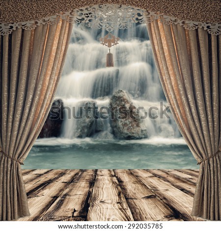 wood textured and fabric curtains backgrounds in a room interior on the waterfallt backgrounds