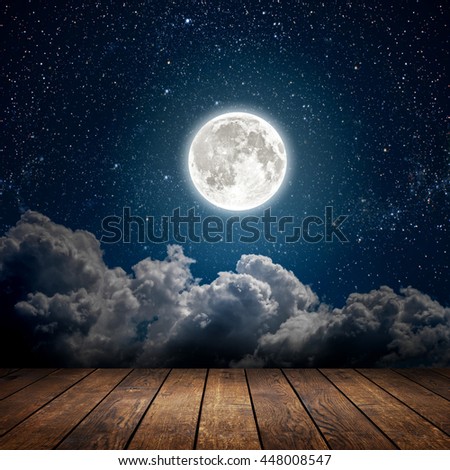 backgrounds night sky with stars, moon and clouds. wood floor. Elements of this image furnished by NASA