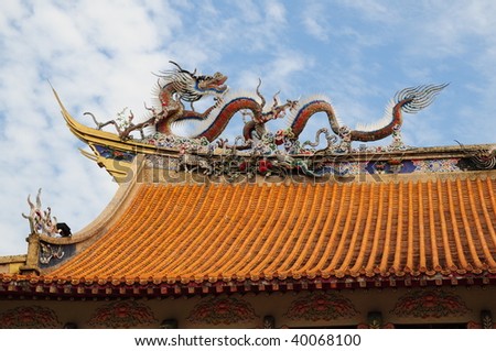 Elaborate Dragon Design On The Roof Of Temple
