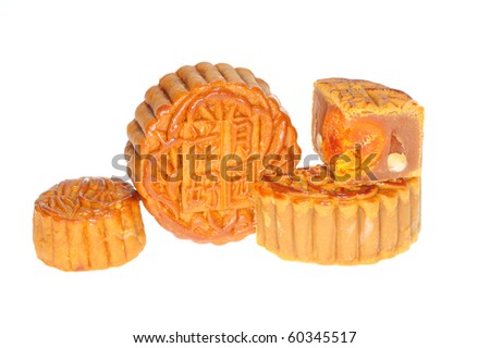 Freshly Baked Moon Cakes With Cut Sections On White Background