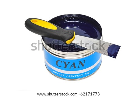 A Can Of Cyan  Offset Printing Ink With Ink Knife