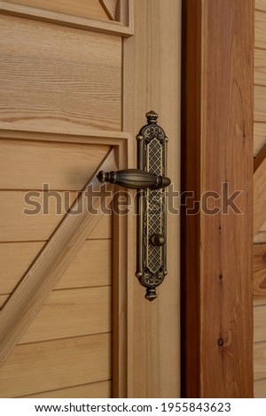 bronze metal door handle on a wooden door, interior element inside