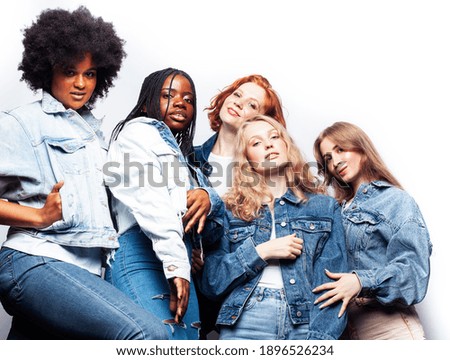diverse multi nation girls group, teenage friends company cheerful having fun, happy smiling, cute posing isolated on white background, lifestyle people concept, african-american, asian and caucasian