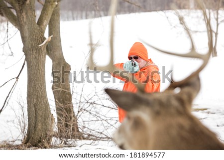 Deer hunter in orange taking aim at a whitetail deer. Focus on hunter.