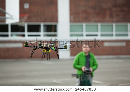 Drone being flown in an urban area