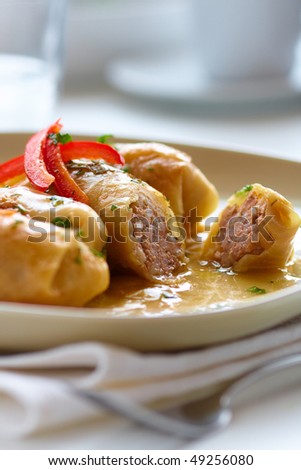 Closeup of stuffed cabbage rolls with herbs and red pepper