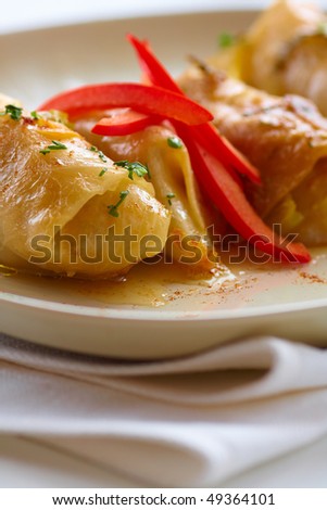 Closeup of stuffed cabbage rolls with pepper and herbs