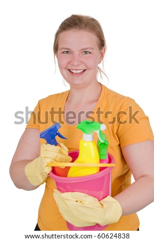 stock photo Young woman in rubber gloves holding a cleaning bucket 