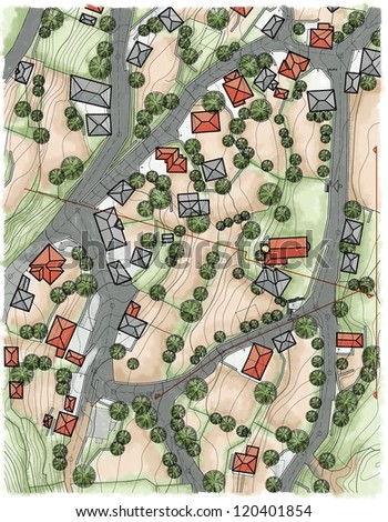 General plan of a traditional bulgarian village in the Rhodophe mountains