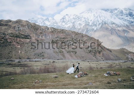 Wedding couple walking on green grass on a background of mountains and snow-capped peaks