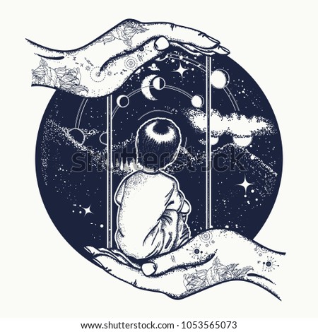 Boy on a swing in mountains, tattoo art. Lunar phases and Universe. Dreaming genius t-shirt design. Symbol of poetry, psychology, philosophy, astronomy, science