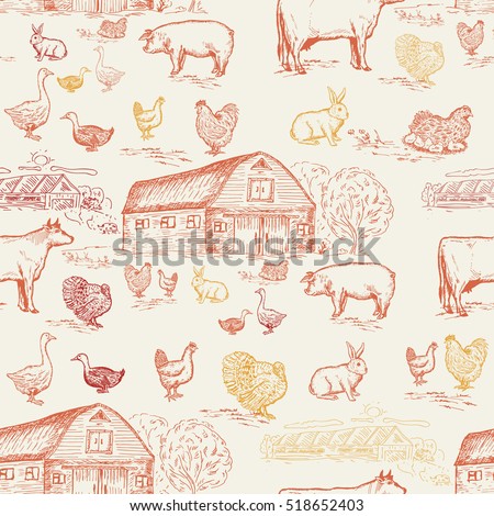 Farm animals seamless pattern, cows, geese, chickens, pigs, turkey, farm house. Farm animals background.