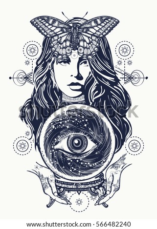 Magic woman tattoo art. Fortune teller, crystal ball, mystic and magic. All seeing eye of future. Occult symbol of the fate predictions. Beautiful witch woman t-shirt design