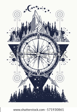 Mountains and antique compass tattoo art. Adventure, travel, outdoors,  symbol. Compass, mountains and night forest boho style, t-shirt design -  Stock Image - Everypixel