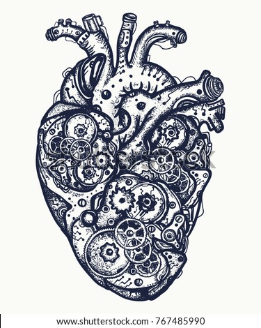 Mechanical heart tattoo. Symbol of emotions, love, feeling. Anatomic mechanic heart steampunk t-shirt design