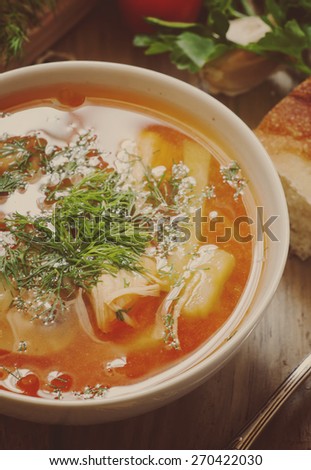 Traditional Russian cuisine - vegetable soup with cabbage, photo with toning