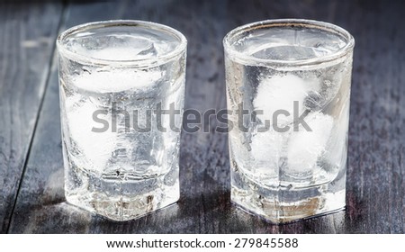 Cold fresh water with ice in a glass on a dark background in vintage style, selective focus