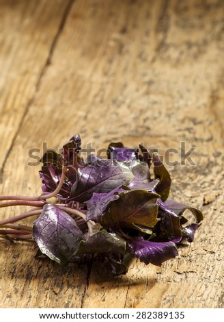 Purple basil on a wooden table, selective focus