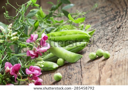 Fresh green peas with mouse pea flowers on the old wooden table, selective focus