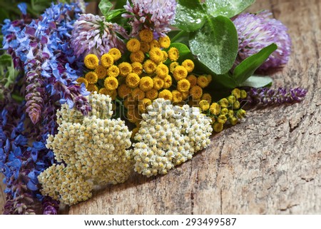 Bouquet of herbs and wild flowers on old wooden table in vintage style, selective focus