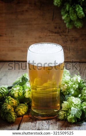 glass of foamy beer and hop cones on old wooden background, selective focus
