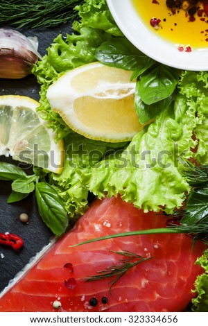 Tasty piece of salmon fillet with herbs, spices, lemon, salt, pepper, top view, selective focus