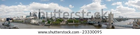 Panorama with Tower Bridge, Tower of London, City of London and HMS Belfast