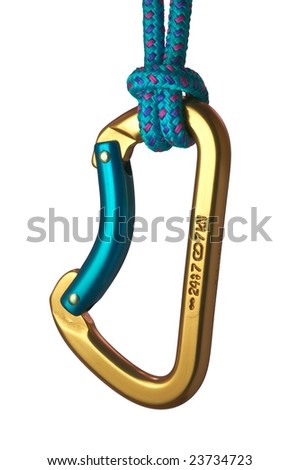 Blue and gold karabiner hanging from a blue rope