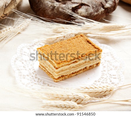 Traditional homemade honey cake on a table with cones