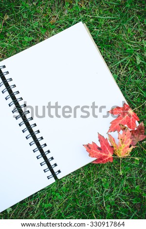 red maple leaf on open blank notebook with green grass background, notebook on fallen autumn leaves background, Top View