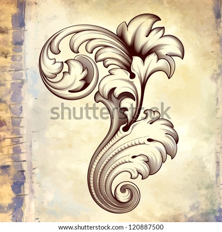 Vector vintage baroque engraving floral scroll filigree design frame border acanthus pattern element at retro grunge background Vector vintage baroque engraving floral scroll filigree design frame border acanthus pattern element at retro grunge background