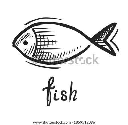 Doodle fish logo. Hand drawn art doodle fish graphic logo design template on white background. Sketch illustration. Monochrome seafood, underwater wildlife creature isolated icon