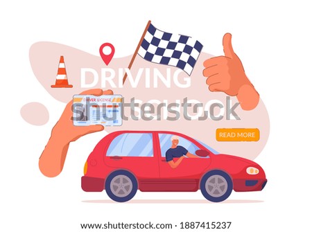 Driving school web banner advertisement design. Car driver class website landing page with certified graduate student hand showing license and thumbs up giving positive feedback illustration