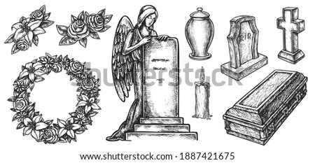 Funeral service or mortuary burial ceremony agency attribute. Hand drawn wreath, coffin, candle, ash urn, tombstone with angle, rip gravestone sketch illustration isolated on white background