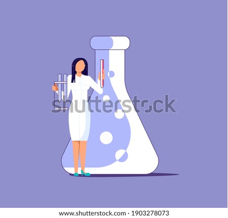 Bacteria, virus and vaccine research concept. Tiny researcher holding test tube with microbe. Flat Art Rastered Copy