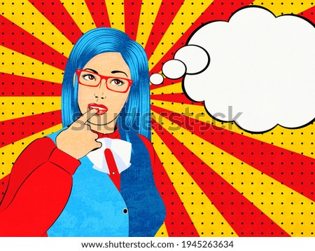 Young thoughtful woman in eyeglasses, retro pop art style textured illustration.