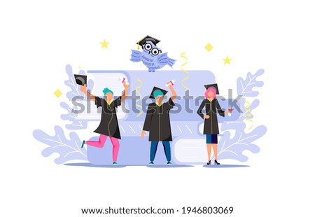 Graduated concept with tiny students wearing academic gown and graduation cap celebrate graduation. A stack of textbooks and an owl in the background. Flat Art Rastered Copy Illustration