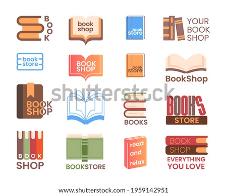Book shop and bookstore logotype set isolated on white