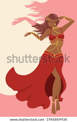 Cartoon belly dancer woman in red dress abstract background illustration.