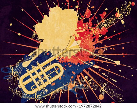 Abstract yellow trumpet design music themed textured illustration.