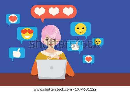 Cartoon girl work on a laptop, distant learning, work, or chatting online in social media, concept illustration.