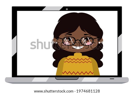 Cartoon afro american girl on laptop screen, chatting online, distance technology concept.