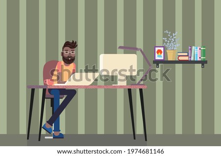 Cartoon man working at office desk, work from home concept.