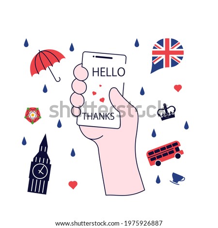Concept of English language app for course or dictionary. Hand holds smartphone with educational app and England landmarks logos around. Rastered Copy Illustration
