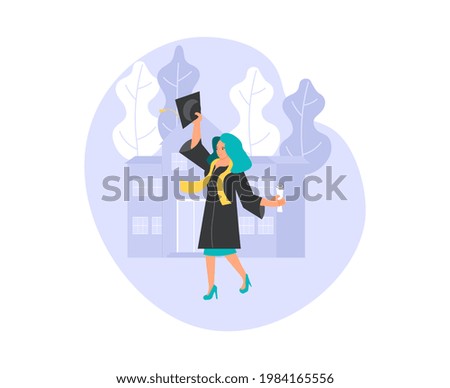 Graduation ceremony at university or college composition. Happy graduation woman wearing academic gown throws the cap up gets graduation academic diploma on college background. Rastered Copy