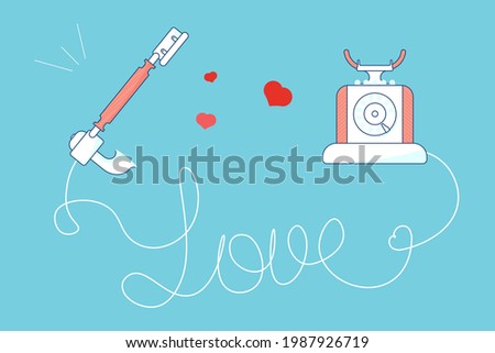 Happy Valentines day greeting card. Red vintage phone with hearts and love quote on blue background illustration. Flat Art Rastered Copy