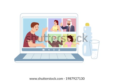 Different People taking part in video conference on distance. Laptop with online meeting. Flat Art Rastered Copy
