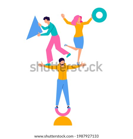 Successful business team building pyramid. People with puzzle jigsaw pieces solving problem, partnership, innovative business approach, brainstorming, unique ideas and skills. Flat Art Rastered Copy