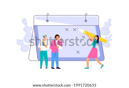 Tiny people make an online schedule in the huge calendar. Agenda, business organizing and time management metaphor. Flat Art Rastered Copy Illustration