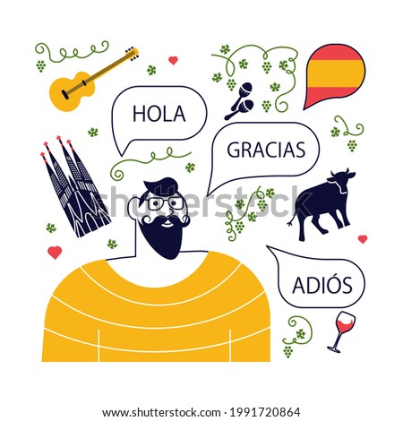 Concept of Spanish language course or school. Male student with Hello, thanks and bye in Spanish and landmarks logos around. Rastered Copy Illustration